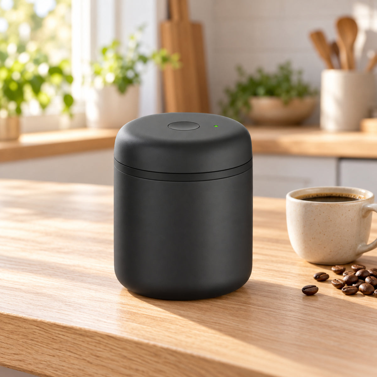 Electric Vacuum Coffee Canister, Matte Black Stainless Steel, 0.7 L