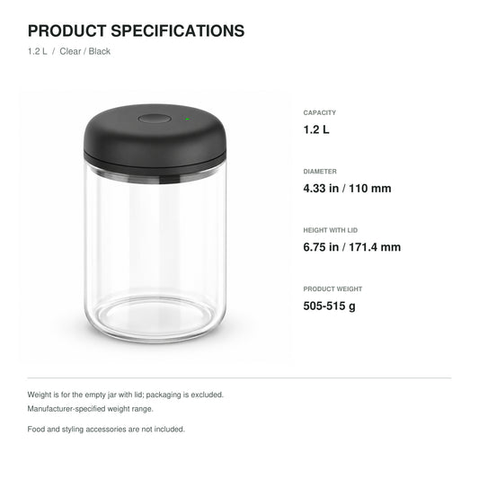 Electric Vacuum Coffee Canister, Clear Glass with Black Lid, 1.2 L
