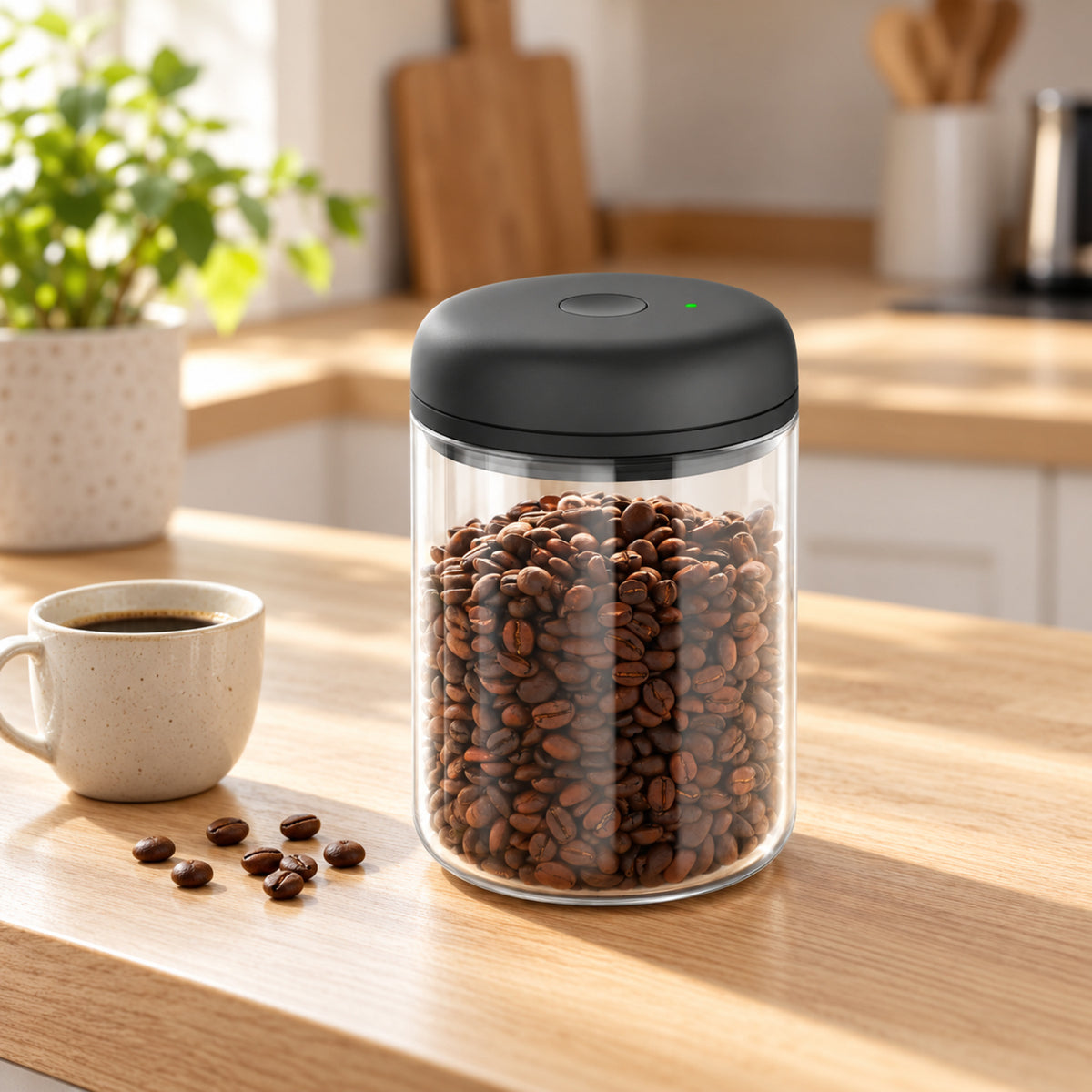 Electric Vacuum Coffee Canister, Clear Glass with Black Lid, 1.2 L