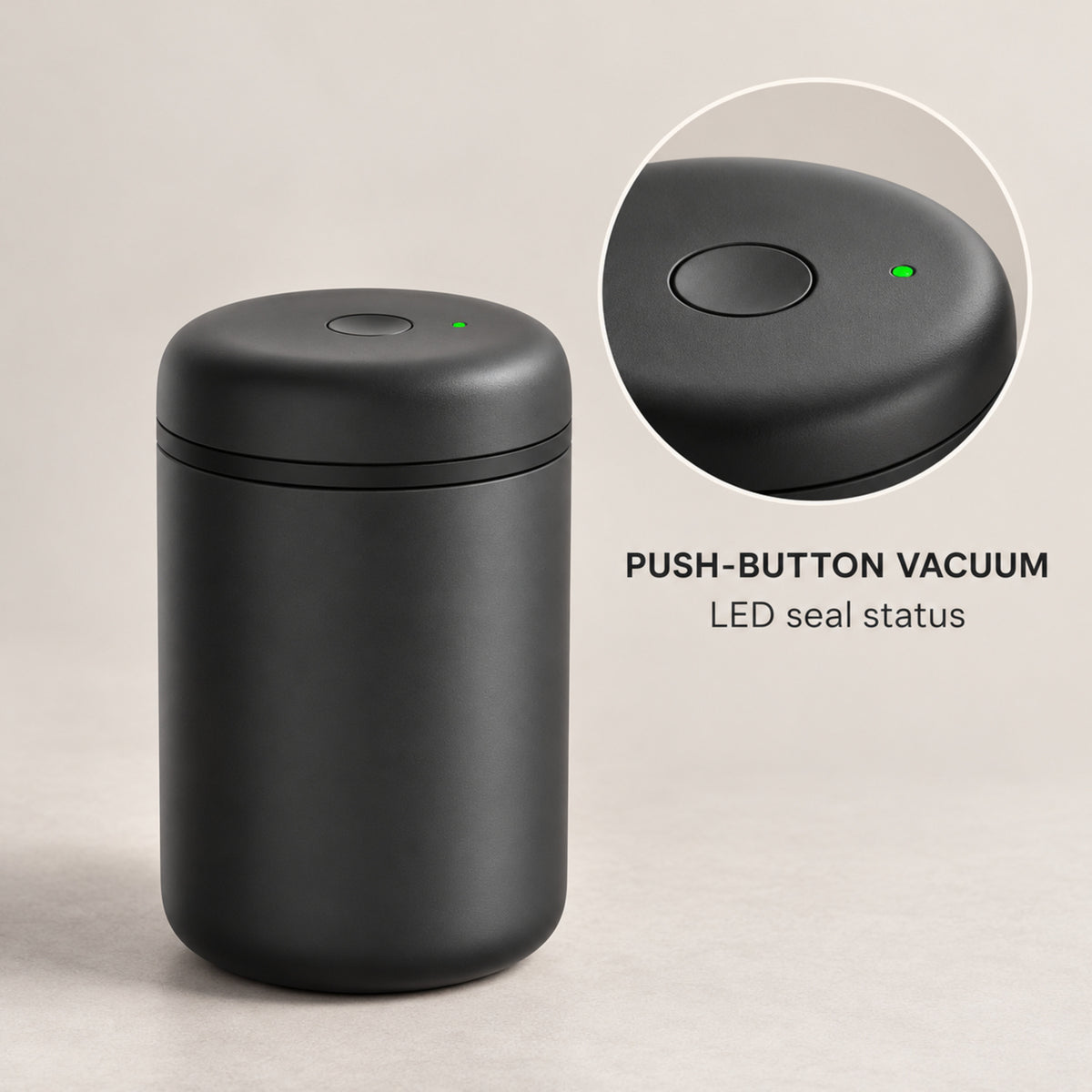 Electric Vacuum Coffee Canister, Matte Black Stainless Steel, 1.2 L