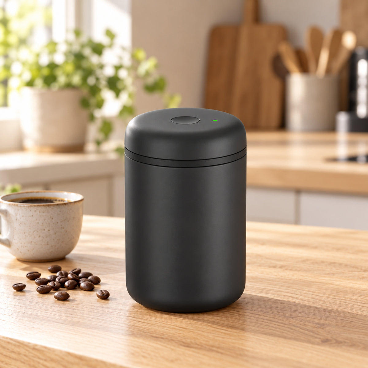 Electric Vacuum Coffee Canister, Matte Black Stainless Steel, 1.2 L