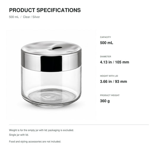 Glass Food Storage Jar with Sculpted Stainless Steel Lid, 500 mL
