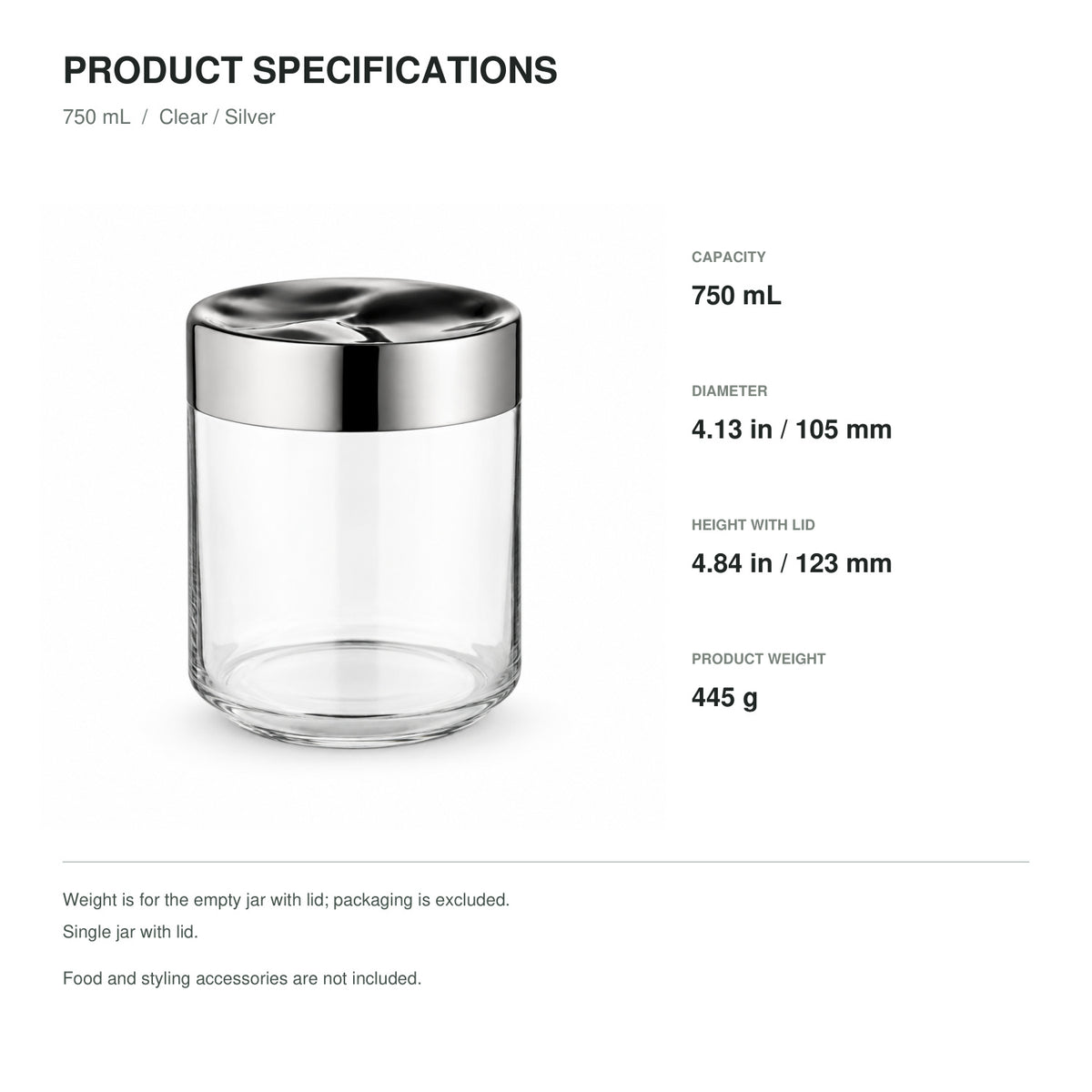 Glass Food Storage Jar with Sculpted Stainless Steel Lid, 750 mL