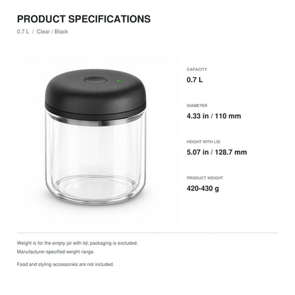 Electric Vacuum Coffee Canister, Clear Glass with Black Lid, 0.7 L