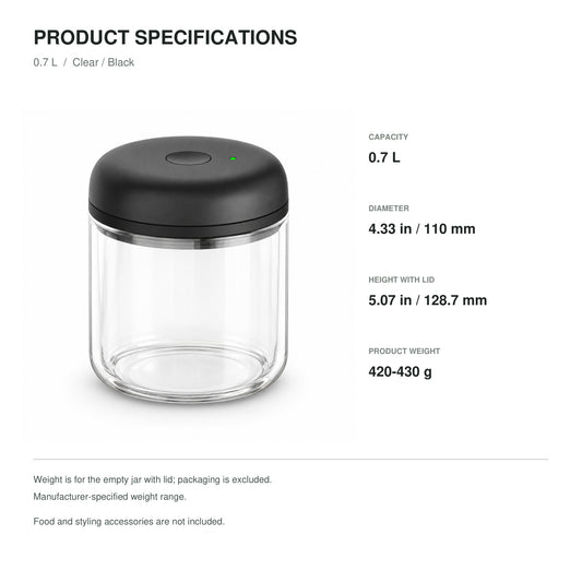 Electric Vacuum Coffee Canister, Clear Glass with Black Lid, 0.7 L