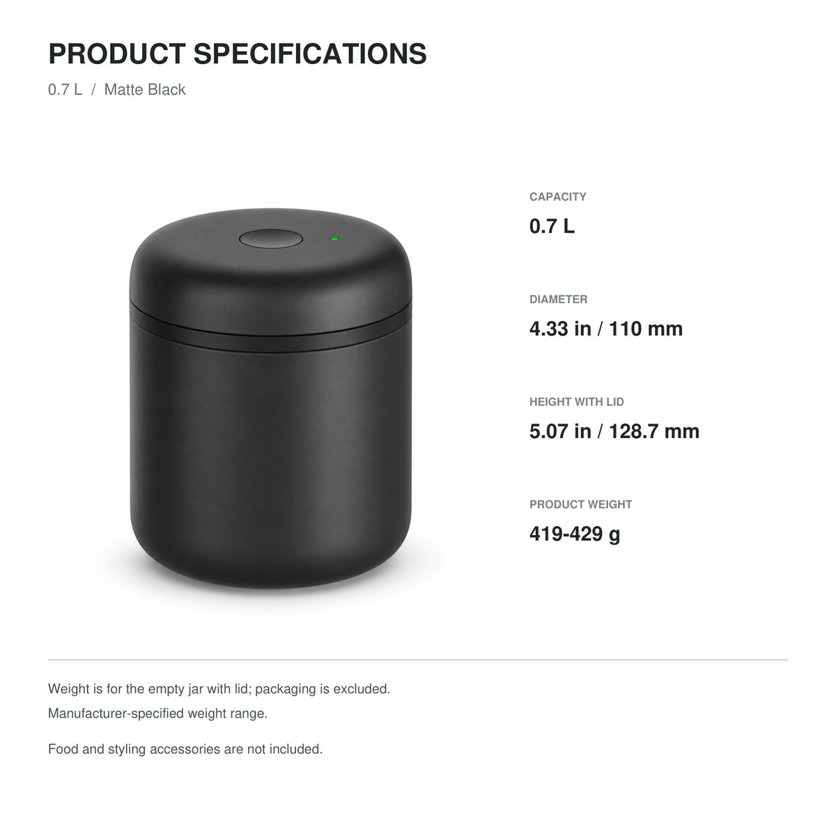 Electric Vacuum Coffee Canister, Matte Black Stainless Steel, 0.7 L