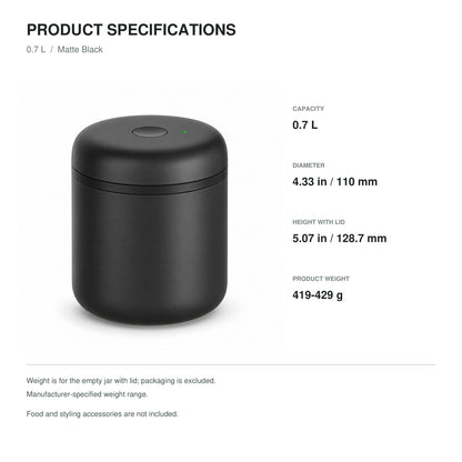 Electric Vacuum Coffee Canister, Matte Black Stainless Steel, 0.7 L