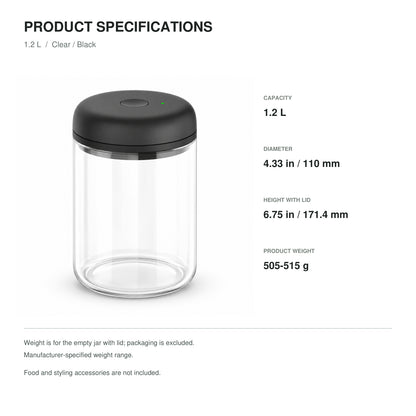 Electric Vacuum Coffee Canister, Clear Glass with Black Lid, 1.2 L