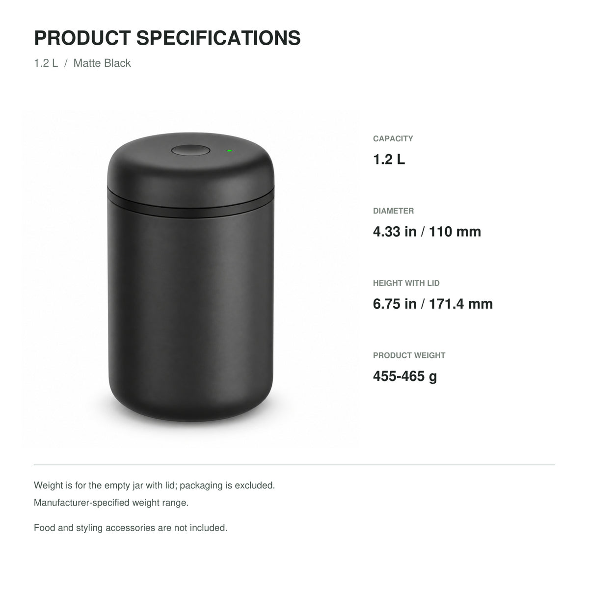 Electric Vacuum Coffee Canister, Matte Black Stainless Steel, 1.2 L