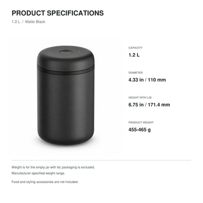 Electric Vacuum Coffee Canister, Matte Black Stainless Steel, 1.2 L