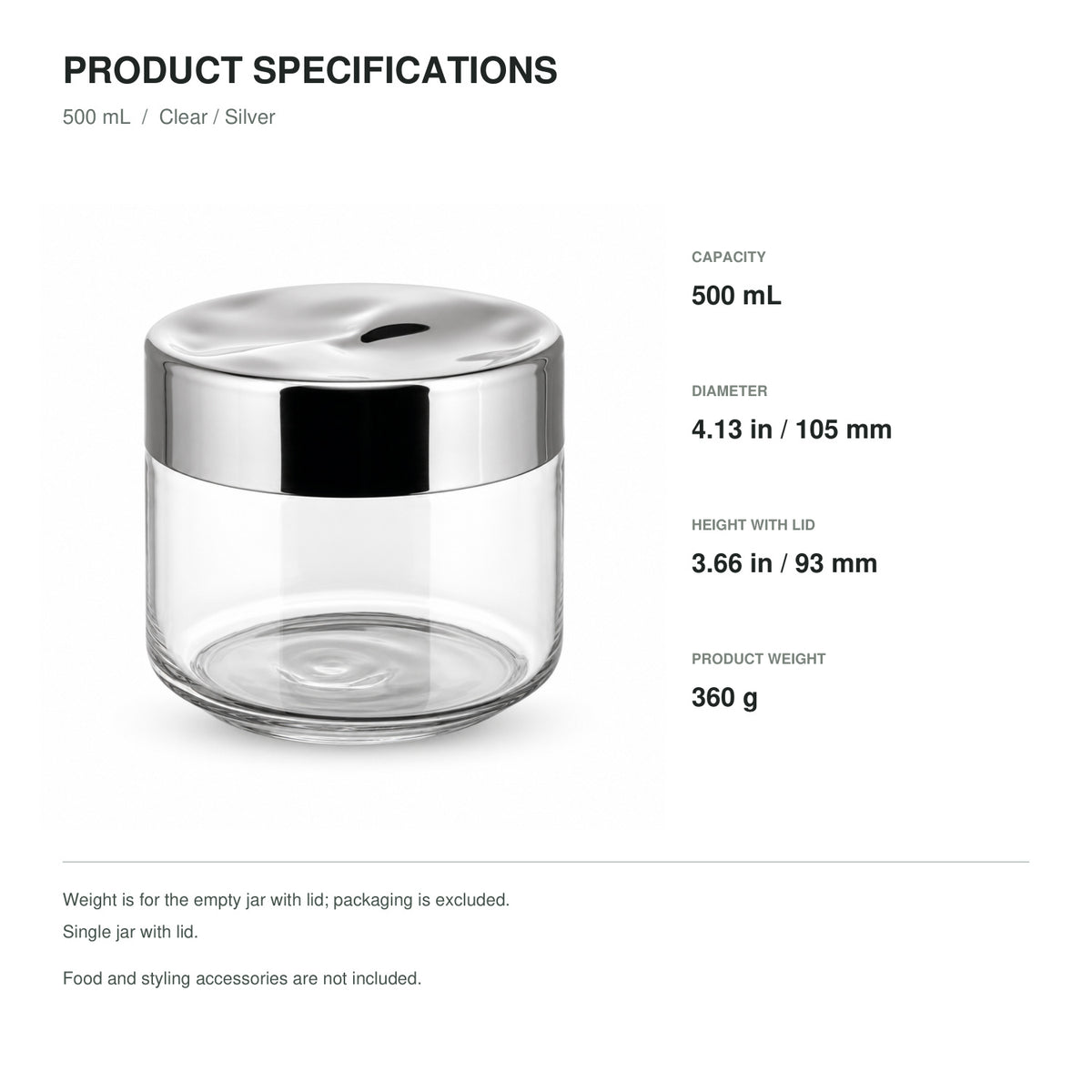 Glass Food Storage Jar with Sculpted Stainless Steel Lid, 500 mL