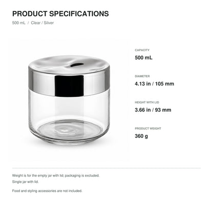 Glass Food Storage Jar with Sculpted Stainless Steel Lid, 500 mL