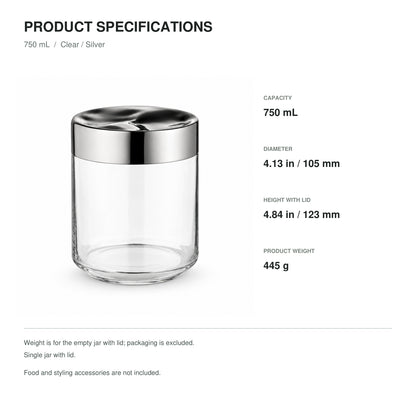 Glass Food Storage Jar with Sculpted Stainless Steel Lid, 750 mL