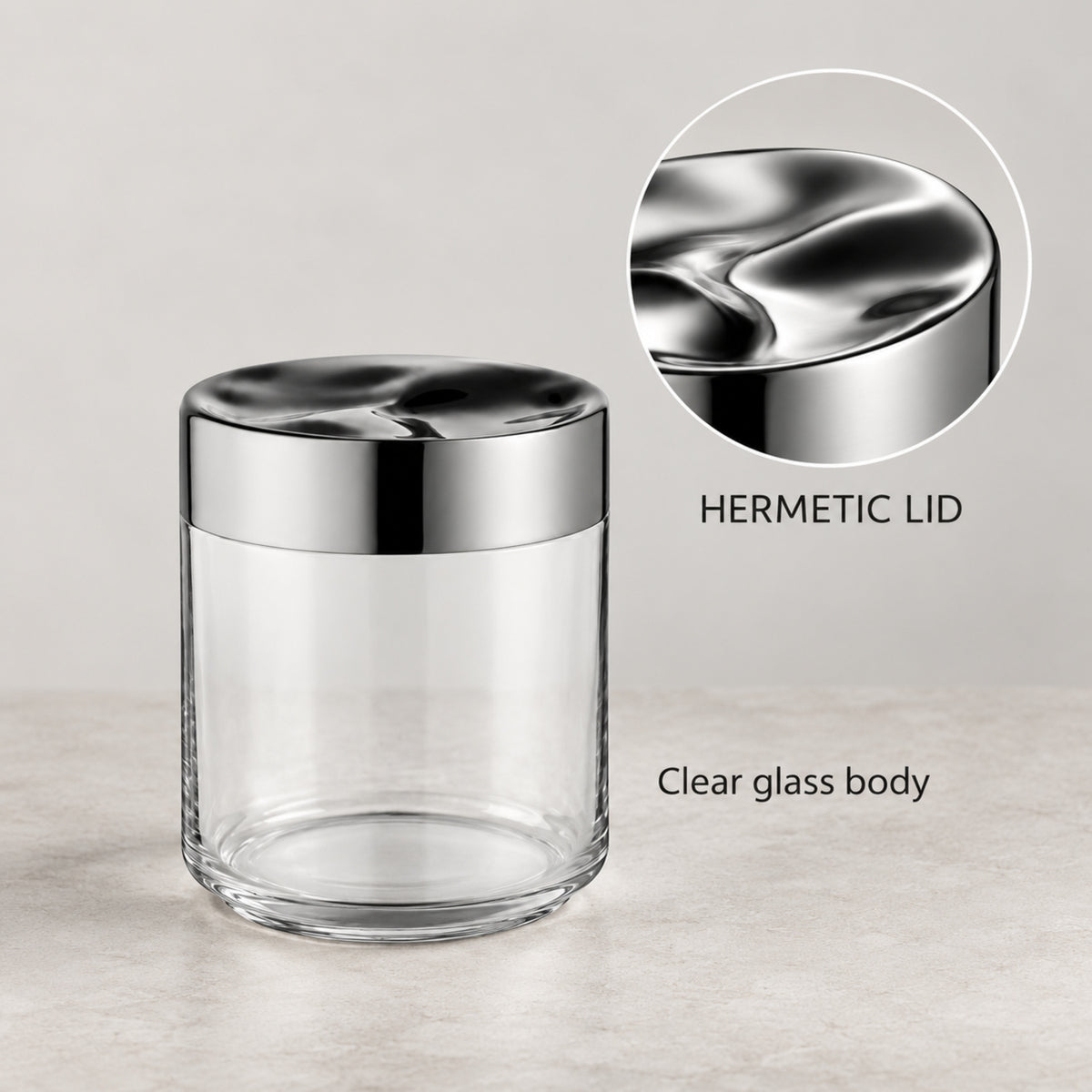 Glass Food Storage Jar with Sculpted Stainless Steel Lid, 750 mL